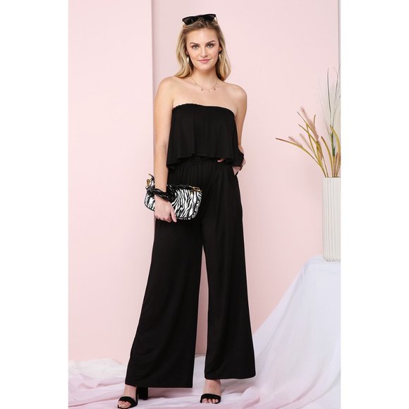 Pants - NWT Black Flow n Flare Jumpsuit, Stretchy, Pockets, Flare Leg, Strapless